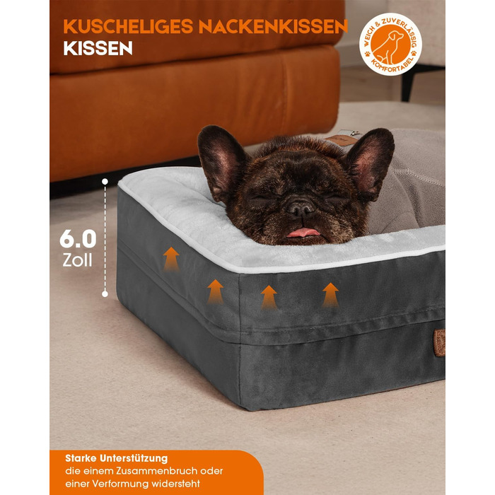 Ортопедичне ліжко для собак великих порід, кошик для собак, що можна прати, з яєцеподібною піною, водовідштовхуване диван для собак з неслизьким дном та чотиристоронньою подушкою (61x46x15 см, сірий)