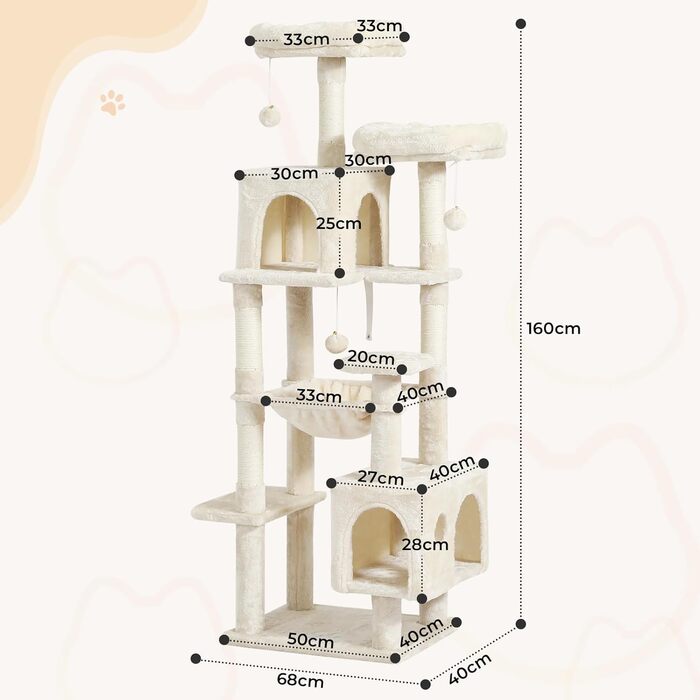 Кігтеточка для котів MSmask велика, стабільна, багатоярусна з 2 платформами, 2 будиночками, гамаком, сизалевими стовпчиками (Бежева, 160 см)