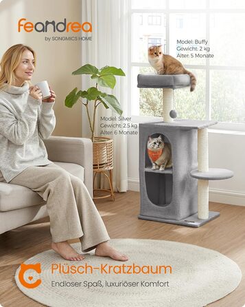 Дряпка для котів Feandrea, кігтеточка з 2 будиночками, кігтешліфувальні стовпчики, для багатокотових родин, кошенят, світло-сіра PCT005G01
