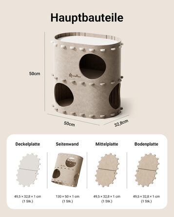 Будиночок-печеринка для котів DownyPaws з фетру, 2-ярусне ліжко для котів, 50 x 33 x 50 см, затишний дизайн, захист кігтів, бежевий