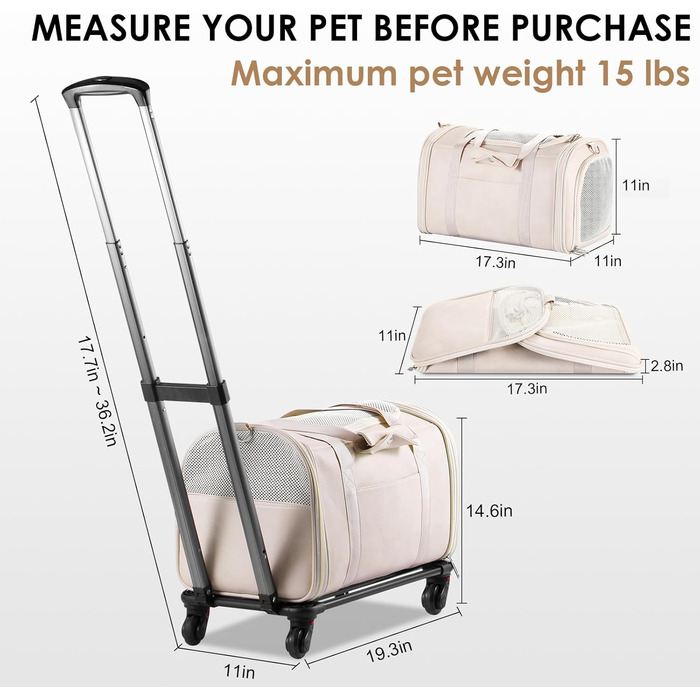 Сумка-переноска для тварин з екошкіри на колесах, для собак та котів до 6,8 кг, дозволена для перевезення в літаку, для подорожей, кемпінгу (Білий/Опудаловий сад)