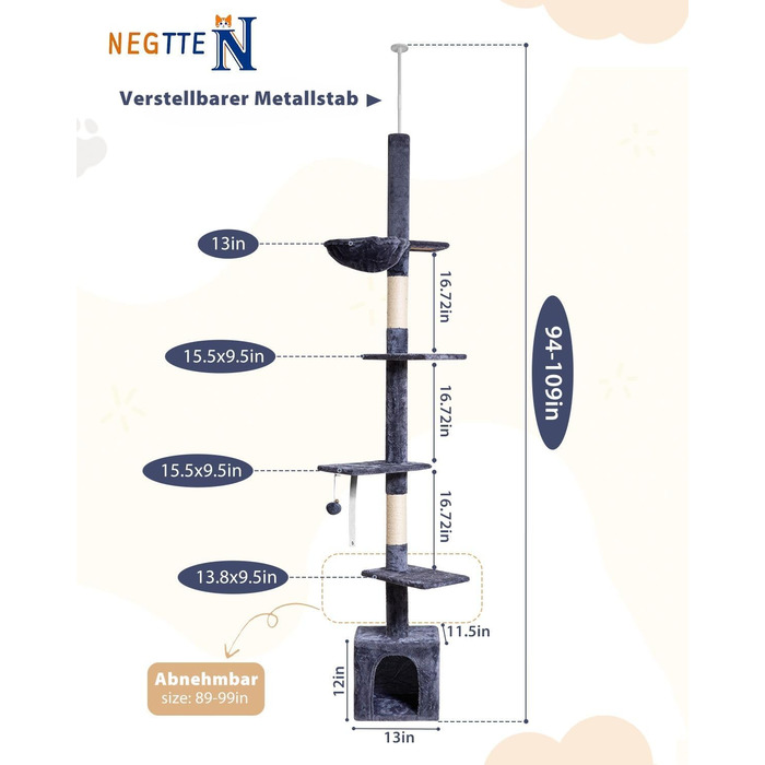 Кігтеточка NEGTTE з регулюванням висоти (230-275см) - кігтечочний комплекс з 2 кігтеточними стовпами, гамаком та будиночком. Вузька кігтеточка висотою для невеликих приміщень, система натягу стелі, страховий ремінь, темно-сірий колір