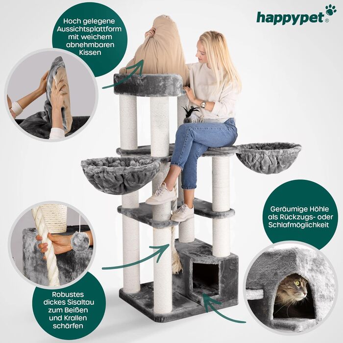 Дерево для котів HAPPYPET Oscar 161 см, стійке, для великих і важких котів (Мейн-кун), товсті стовпи 12 см, преміум-плюш 600 г, міцна конструкція, сіре