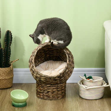 PawHut Ротанг Кошик для кішок Cuddly Cat Cave з подушкою, ліжко для вихованця з водяного гіацинта темно-коричневий 42x33x52см для розслаблених котів