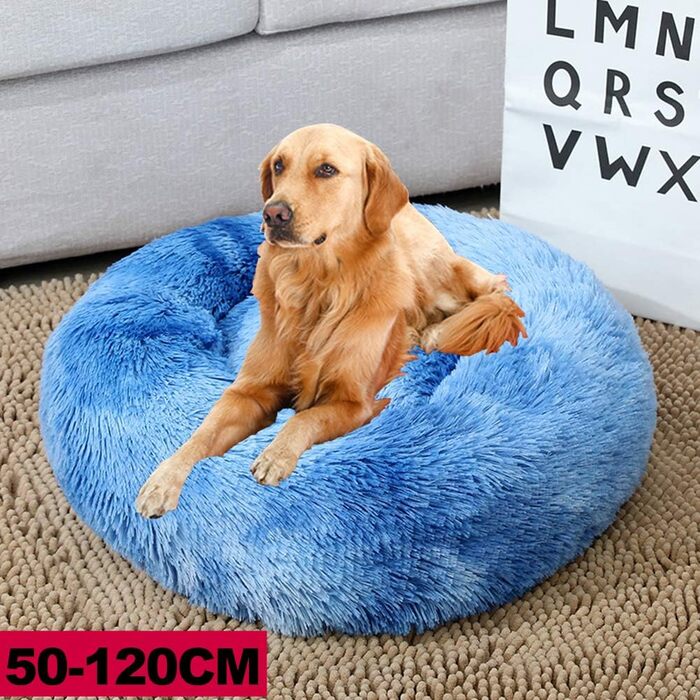 М'яке собаче ліжко, розкішне ліжко для домашніх тварин, софа, кругле плюшеве ліжко для собак, котяче ліжко у формі пончика, середніх розмірів, м'яке, дихаюче, сапфірове, діаметр 80 см, 80x80 см, сапфірове