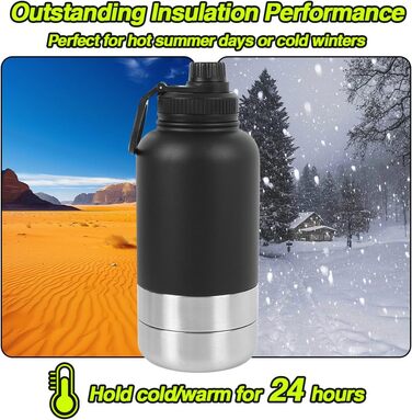 Водяна пляшка для собак на ходу, 950 мл, з мискою для їжі та води, ізольована, нержавіюча сталь, чорна