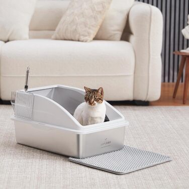 AIPERRO туалет для котів із нержавіючої сталі XL, закритий з кришкою, високі борти, антипригарне покриття, захист від протікання, з металевим совком