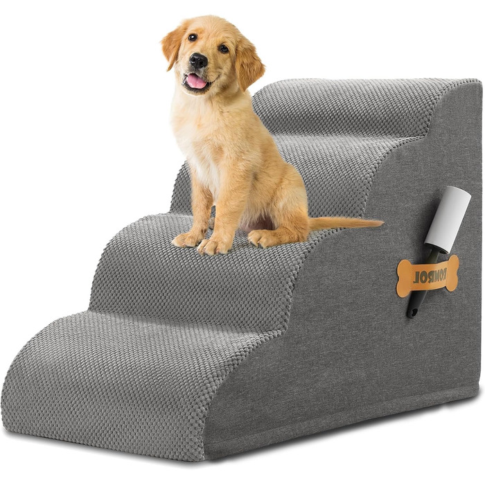 Сходинки для собак та котів ROMROL – 4 сходинки, сірі, з антиковзким покриттям, з м'яким Memory Foam, для захисту суглобів, знімний чохол