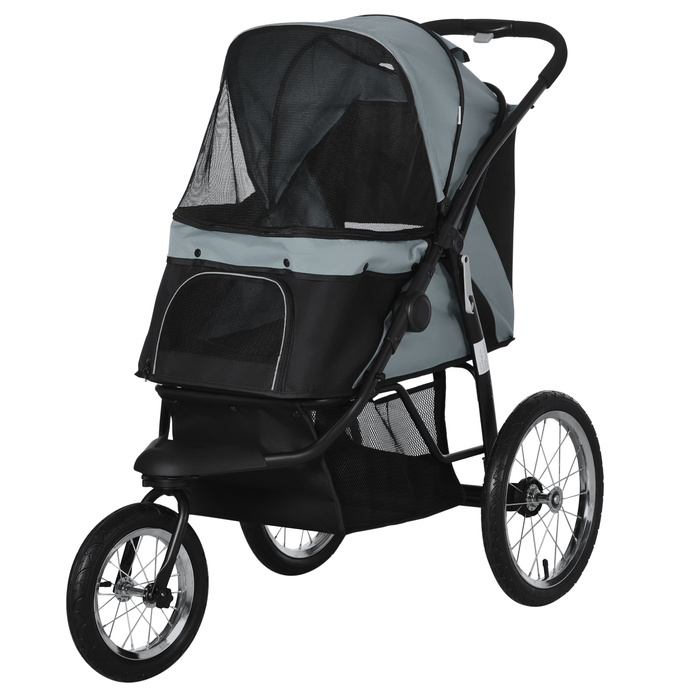 PawHut Dog Buggy Cat Buggy складний зі світловідбивачами, кошиком для зберігання, захистом від сонця та сітчастим вікном, Оксфорд сірий