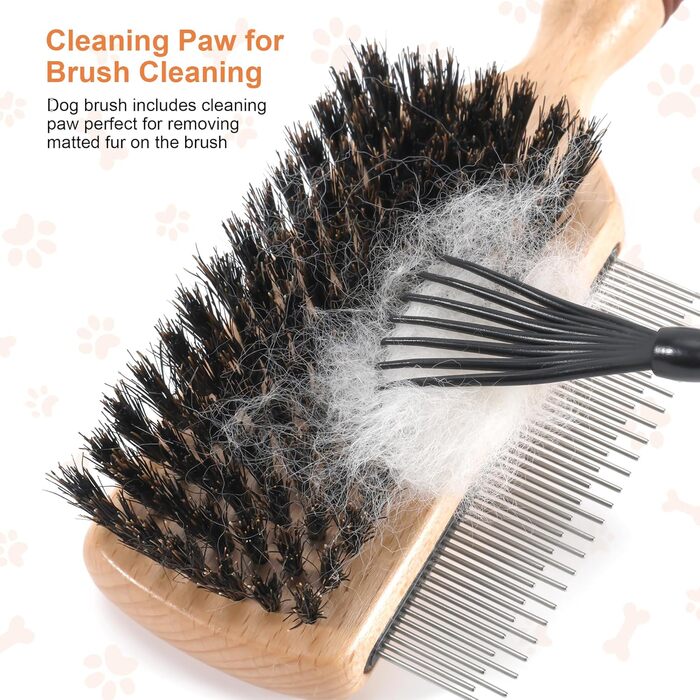 Двостороння щітка для собак та котів з щетиною кабана та пензлем, для догляду за шерстю, підходить для короткошерстих порід, з дерев'яною ручкою з гумовим покриттям