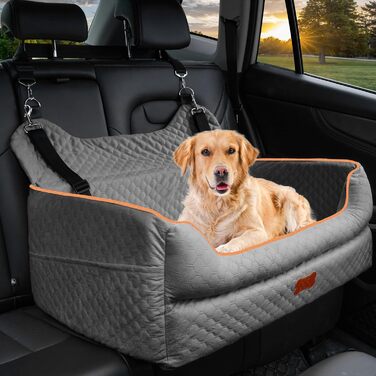 Автокрісло для великих і середніх собак з Memory Foam, до 25 кг, знімне та пране, сіре, з подушкою і кишенями для подорожей