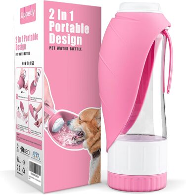 Водяна пляшка для собак Uppetly з мискою, вилка-дозатор, витокозахисна, BPA-free, для прогулянок, рожева (590 г)