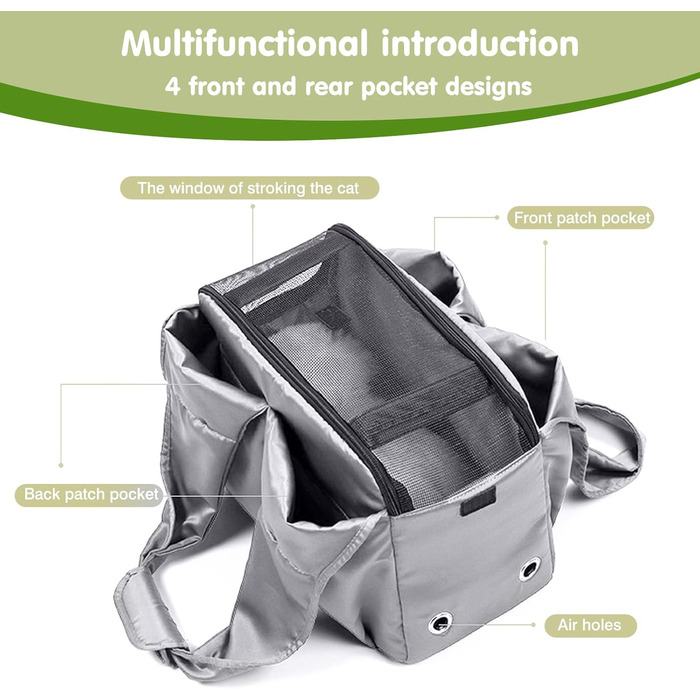 PETCUTE Сумка-переноска для собак та котів, сіра. Дихаюча, з міцною основою, безпечна, з поводком та кишенями. Підходить для маленьких та середніх собак, кошенят та котів