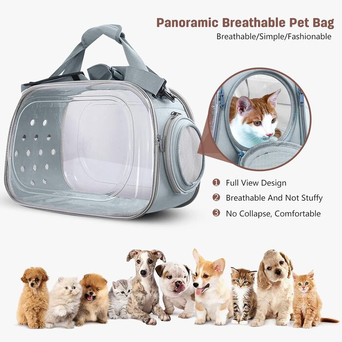 Транспортна переноска для собак та котів PETCUTE, складана та миється, сумка-переноска для кота/маленької собаки, переноска з плечовим ременем, зручна ручка, для подорожей літаком (сіра)