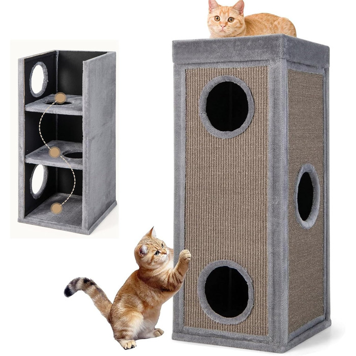 Кігтеточка GYMAX 40x40x99 см, 4-ярусна кігтеточка-будиночок з 3 печерами, знімні плюшеві подушки та 2 когтеточки, стійка кігтеточка для котів, сіра
