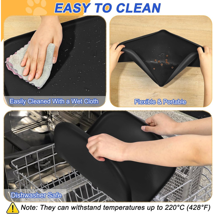 Силіконовий килимок для корму домашніх тварин з піднятим бордюром, миски для собак та котів, килимок-підставка для годівниці з високим бордюром, водовідштовхувальний, гумовий, 24x16x0,8 см (24 x 16 x 0.8 дюймів, чорний)