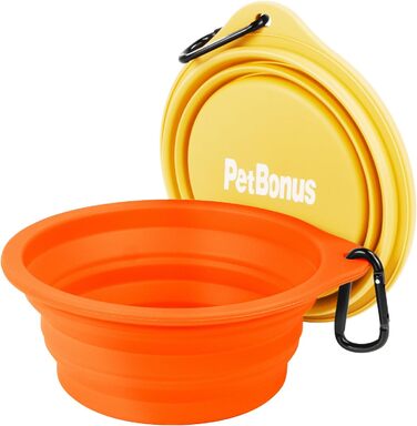 Складні миски для собак PetBonus, 2 шт. Силіконові миски для води та корму для собак, для подорожей, з карабіном (1000 мл, помаранчевий, жовтий)