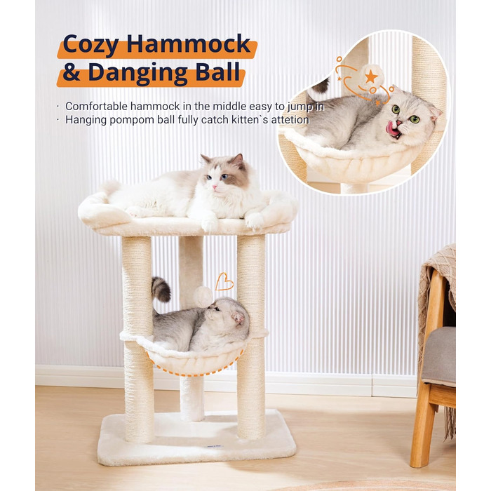 Драбина-кіготь для котів Happi N Pets 71 см, бежева: стабільна, з великим ліжком та гамаком, покриття з сизалю