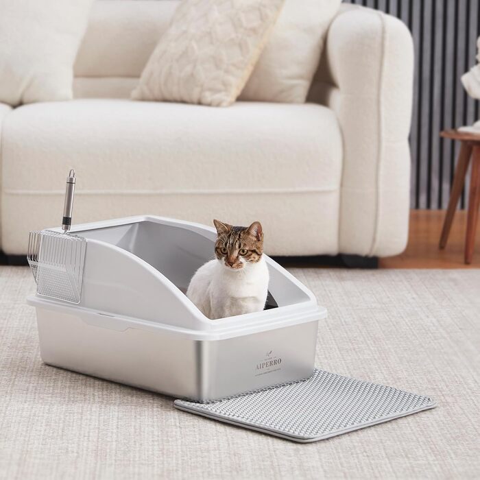 AIPERRO туалет для котів із нержавіючої сталі XL, закритий з кришкою, високі борти, антипригарне покриття, захист від протікання, з металевим совком