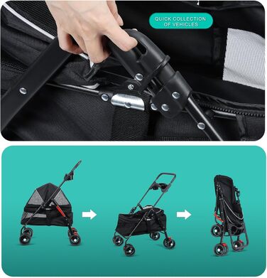 Візок для собак 4 колеса, регульована висота, з тримачем для напоїв та сіткою, переноска для тварин, складний, для подорожей, візок для домашніх тварин з дахом, що регулюється на 180 градусів