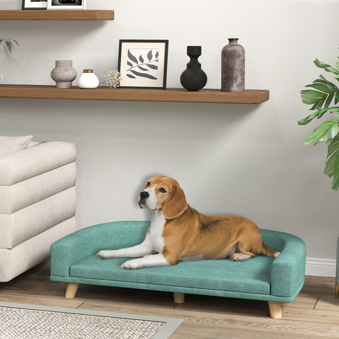 PawHut Dog Sofa Зручний диван для домашніх тварин з подушкою для великих собак, піднята конструкція з дерев'яними ніжками, зелений 98x67x25см