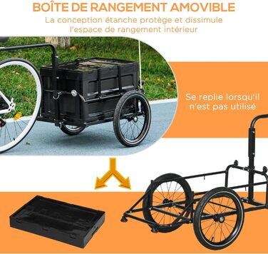 Причіп для велосипеда HOMCOM з ящиком, знімний та складаний, 65 л, колеса та світловідбивачі, максимальне навантаження 40 кг, чорний