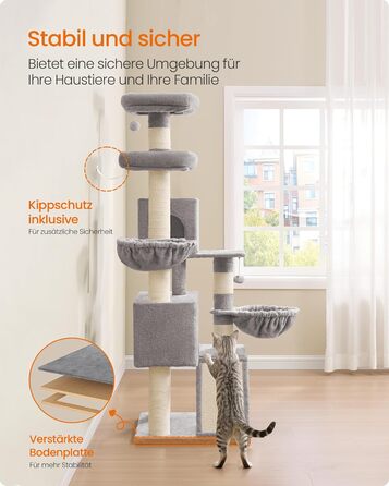 Комплекс для котів Feandrea PCT006G02, 174 см, колір сірий голуб, з платформою та подвійною печерою