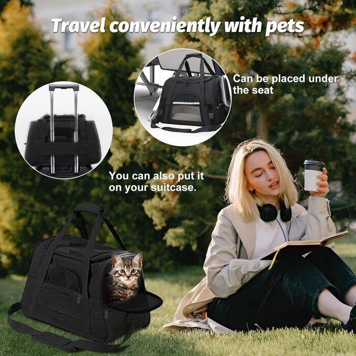 Транспортна сумка для тварин ZSMJAER з підстилкою з флісу, для котів та маленьких собак до 10 кг, чорна