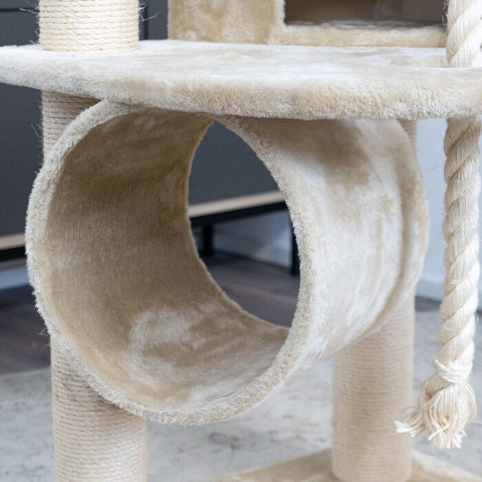 Велика кремова когтеточка для котів HAPPYPET 181 см – стійке дерево з товстими стовпами 11 см, будиночком, ігровим тунелем, великими лежанками та канатом
