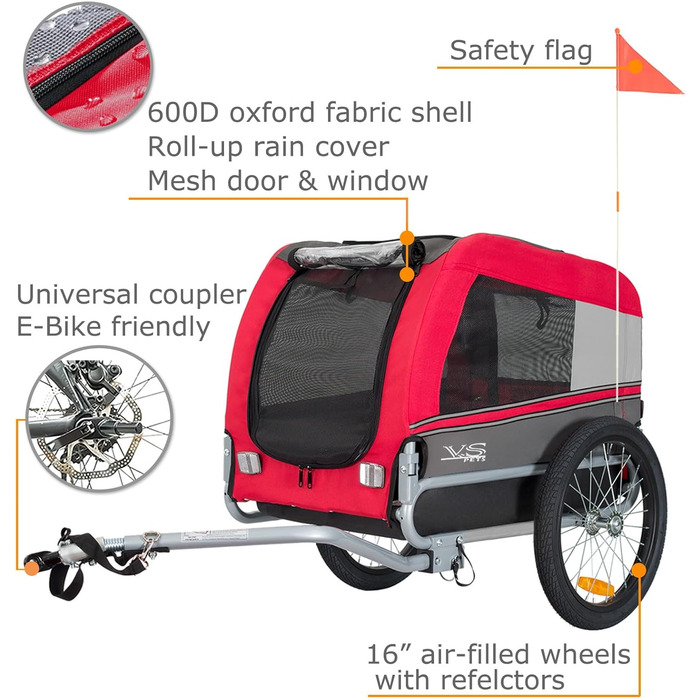 Причеп для собак Tiggo VS Pets M - велосипедний причеп для собак, 80201 (червоний)