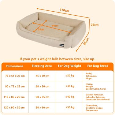 Ліжко для собак, м'яке, знімний чохол, бежеве, 110 x 86 x 26 см