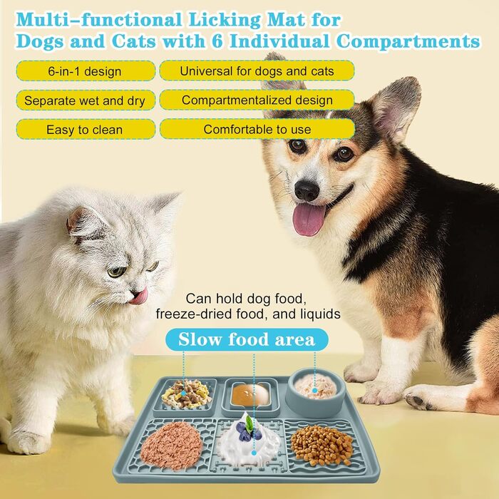 Силіконова килимок-заспокійвач для собак та котів Cooltto з мискою з нержавіючої сталі, з присосками, для грумінгу, миття та тренувань (Сірий, Модель A- 6 в 1 з 59 присосками)