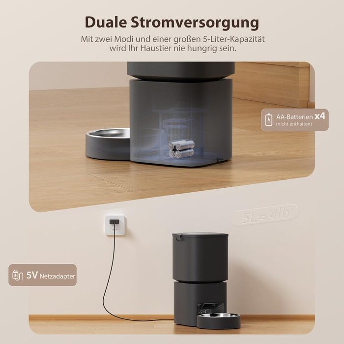 Автомат для годування котів та собак, 5л, чорний. Інтелектуальний диспенсер з програмуванням до 10 прийомів їжі на день