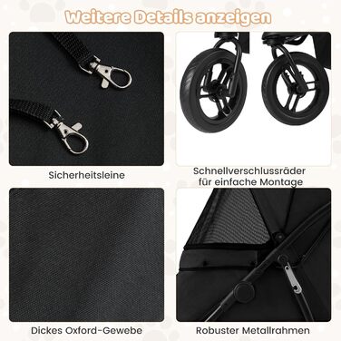 Візок для тварин Costway, розкладний, до 25 кг, для собак та котів, 3 колеса, регульоване сонцезахисне дах, сітчасте вікно, кошик та подушка, чорний