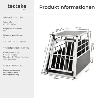 Транспортна переноска для собак tectake® - алюмінієва переноска для авто та дому, 65 x 90 x 69,5 см (Single Large)