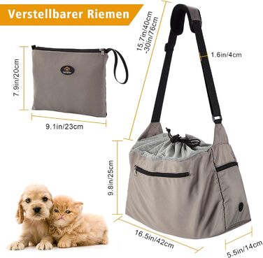 Сумка-переноска для собак Ownpets, сіра, до 6 кг, з регульованим ременем та кишенями, 42x25x14 см
