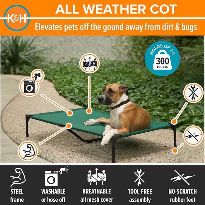 Підняте вуличне ліжко для собак K&H PET PRODUCTS, велике охолоджувальне ліжко з міцним металевим каркасом, дихаючою сіткою, портативне ліжко-платформа для великих собак