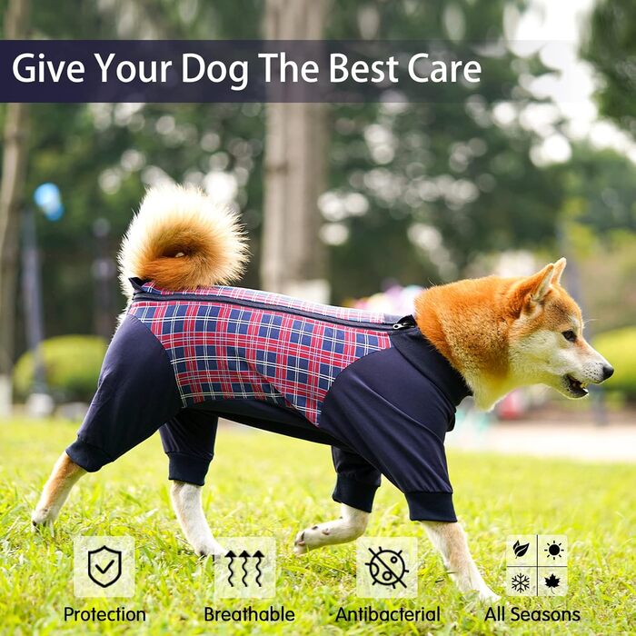 Корпус для собак після операції Heywean: знімна сорочка для собак з блискавкою, для собак після кастрації (для сук та самців), післяопераційний одяг для собак, піжама для собак (XXXL, червоний в клітинку)