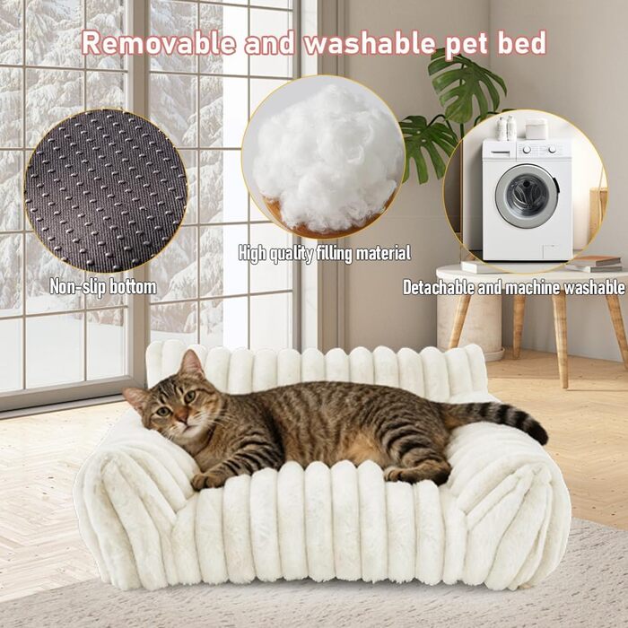 Котяче ліжко-софа, м'яке та пухнасте, 60x45x20 см. Підходить для котів та маленьких собак. Знімний, пральний чохол, антиковзаюча підкладка.