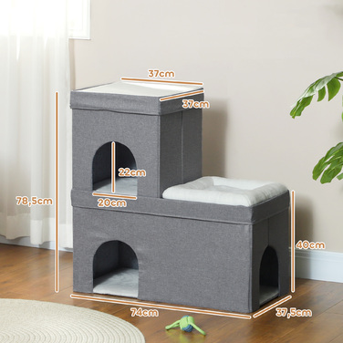 PawHut Cat Cave Cat House, Будиночок для кішок з 3 ярусами, Лежанок для кішки з подушкою, Будиночок для собаки до 5 кг, 74 x 37.5 x 78.5 см, Сірий | Аосом