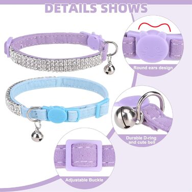 Нашийник для котів ExPawlorer з дзвіночком та стразами, на м'якому оксамиті, регульований, безпечний, для котів та маленьких собак, 2 шт., 9'-12' (Синій та фіолетовий)