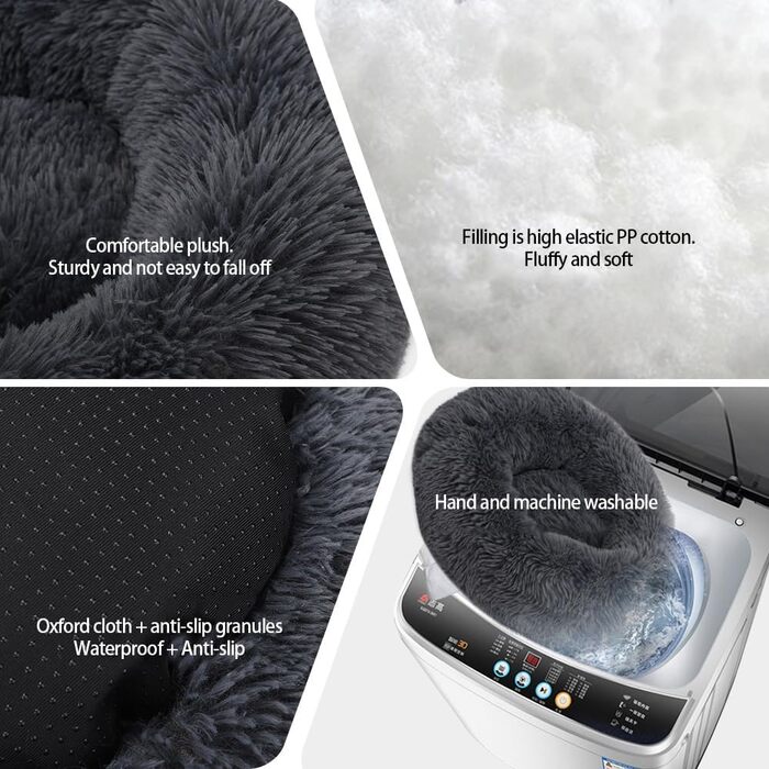 М'яке ліжко для собак у вигляді подушки-пончика, 60 см, темно-сірий колір