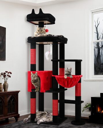 Дерев'яний комплекс для котів Globlazer з висотою 167 см, широкою платформою, будиночком, кошиком та іграшками. Стабільний, підходить для 2-4 котів. Чорний/червоний (F65B)