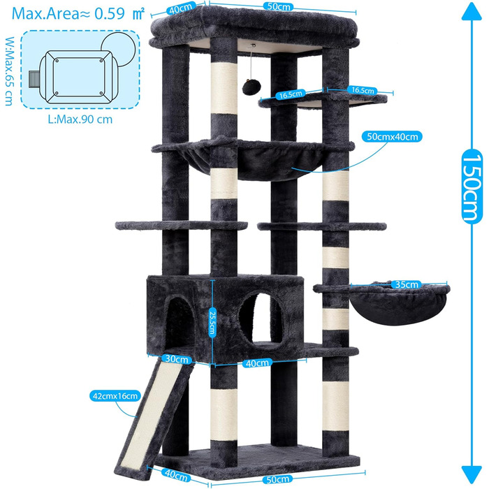 Котячий будиночок Hey-brother Kratzbaum: багатоповерховий, 145 см, сірий, з лежаком та гамаком