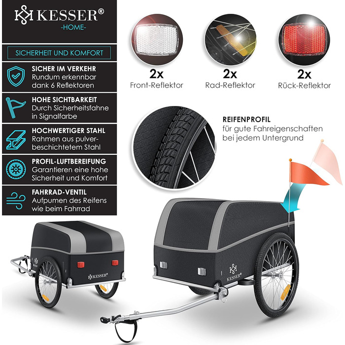 Причіп для велосипеда KESSER® вантажний, 120 літрів, сірий/чорний, з дахом та складною високою тягою