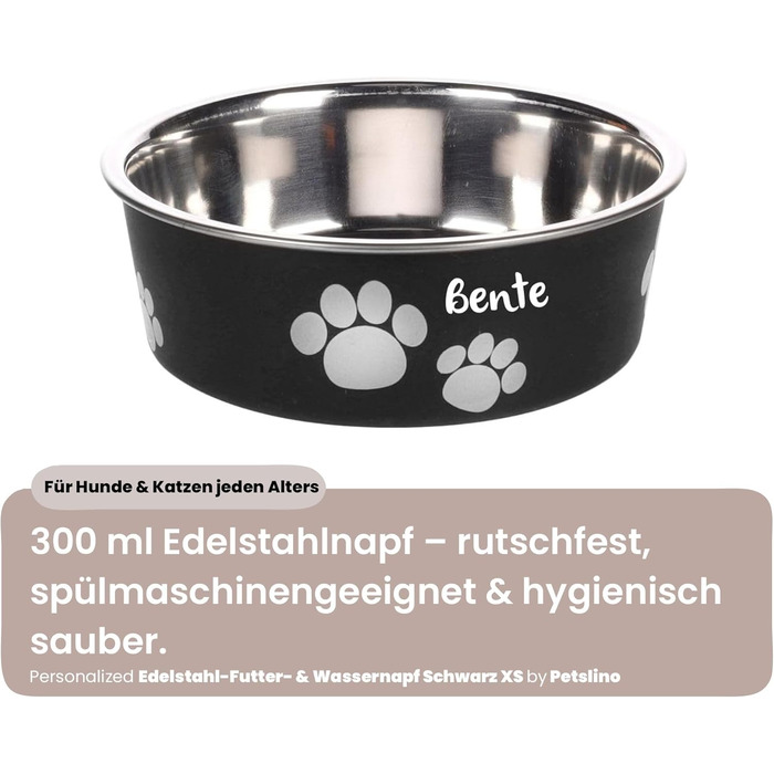Персоналізований миска для собак з нержавіючої сталі 2200 мл – протиковзкий кільце – для великих собак – з іменем – Petslino (Чорний, XS)