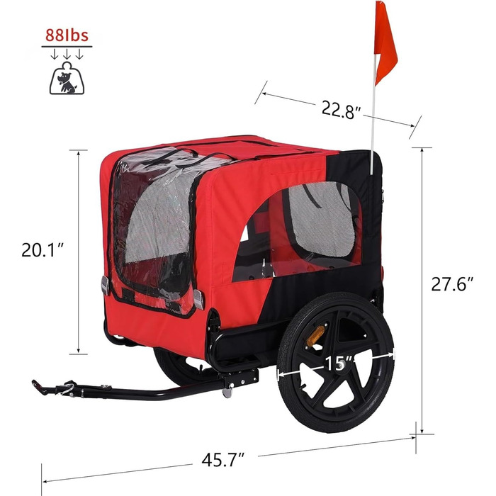 Фаркоп для велосипеда Sogesfurniture для собак, візок для собак на велосипеді, складаний, з кріпленням, прапорцем, відбивачем, 600D Oxford Canvas, червоний та чорний