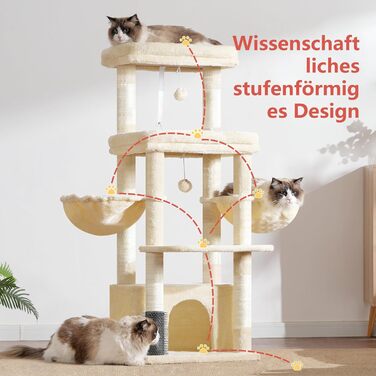 Котячий будиночок Hey-brother Kratzbaum для великих котів та Мейн-кунів, багатоярусний, з 2 платформами, 2 будиночками, великою печерею та щіткою, EMPJ070W (Бежевий)