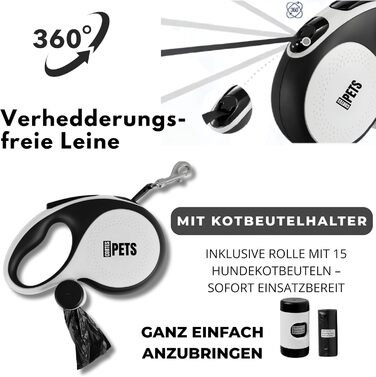 Висувна поводок для собак CORTESPETS® 5м - для малих та великих собак до 50 кг - високоякісна роликова поводок з зручним ручним захопленням (білий, L, 5м, до 50кг)