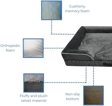 Ортопедичне ліжко для собак великих порід, вологостійке, з Memory Foam, знімний чохол, антиковзаюча підставка (XL, сірий) 89 x 64 x 17 см